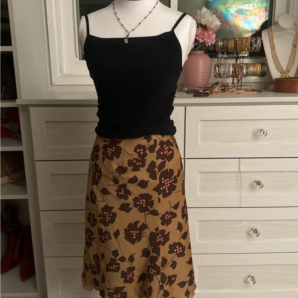 Elegant Floral Midi Skirt in Tan and Brown